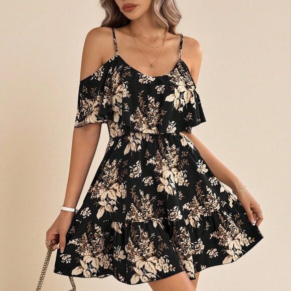 Black Boho Women's Romantic Floral & Plant Print Off Shoulder Ruffle Hem dress - Picture 5 of 7